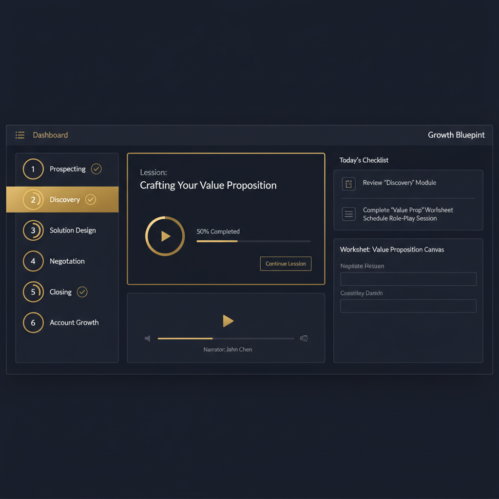 Growth Blueprint Training Hub dashboard showing learning progress and course navigation